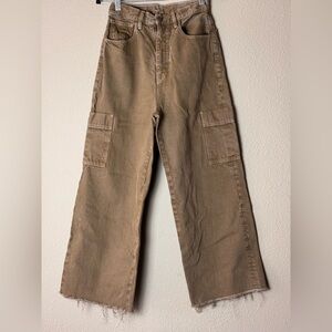 FRAME DENIM OLIVE KHAKI HIGH WAISTED WIDE LEG UTILITY JEANS RAW HEM 27